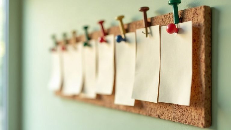 Tableau en liège couvert de fiches de papier vierges épinglées de travers