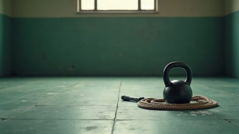 Corde à sauter enroulée et kettlebell posées sur le sol d'une salle de sport vide