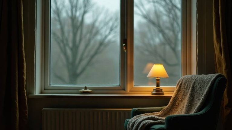 Fenêtre ruisselante de pluie, lampe allumée sur le rebord et plaid posé sur un fauteuil