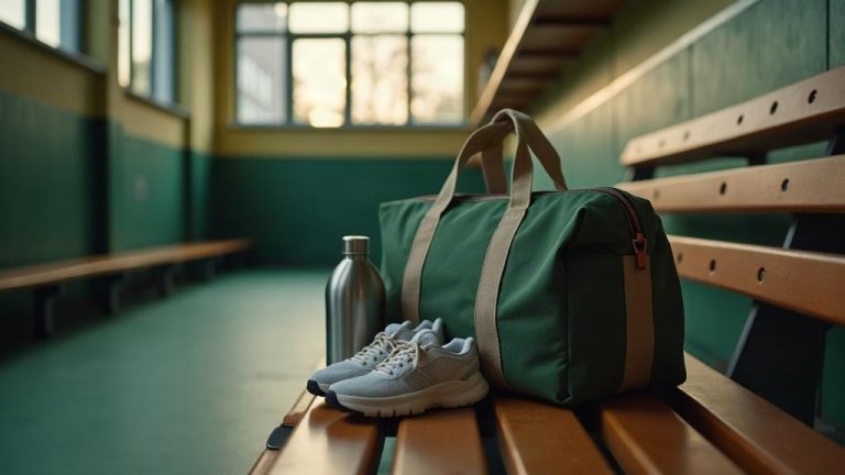 Sac de sport ouvert sur un banc, serviette roulée, gourde et chaussures d'entraînement à côté