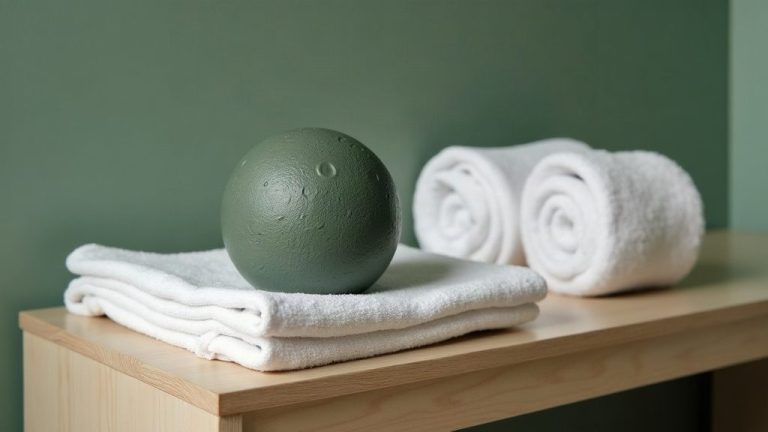 Balle de massage et serviette roulée sur un banc en bois clair, dans un vestiaire vide