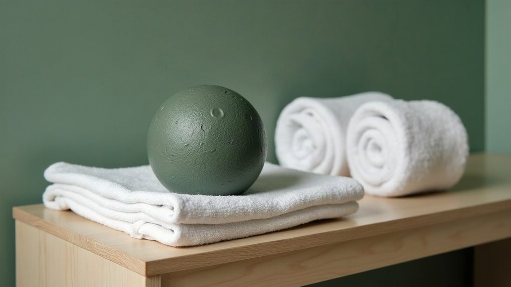 Balle de massage et serviette roulée sur un banc en bois clair, dans un vestiaire vide