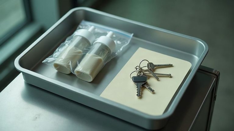 Bac de contrôle d'aéroport vu de dessus, pochette transparente avec deux petits flacons vierges