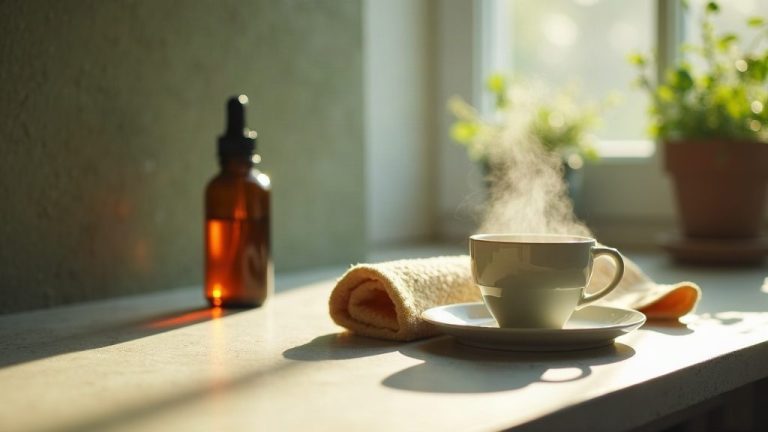 Comptoir de cuisine au petit matin, tasse d'espresso et flacon compte-gouttes ambré sans étiquette