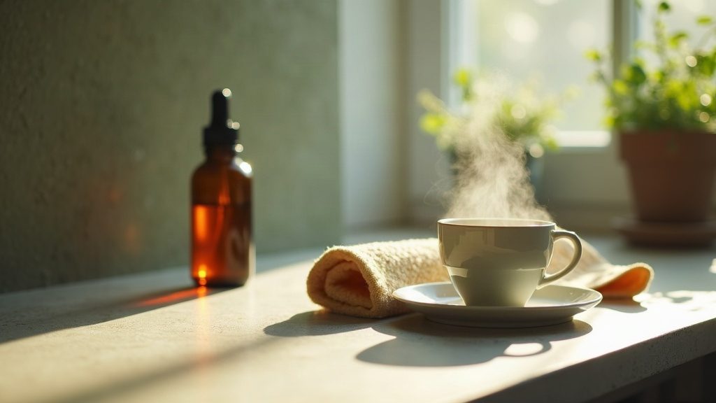Comptoir de cuisine au petit matin, tasse d'espresso et flacon compte-gouttes ambré sans étiquette