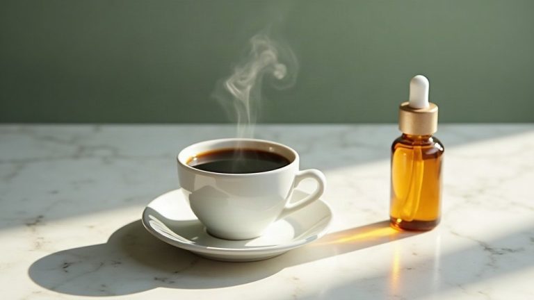 Tasse d'expresso et petit flacon compte-gouttes ambré vide sans étiquette sur une table en marbre clair